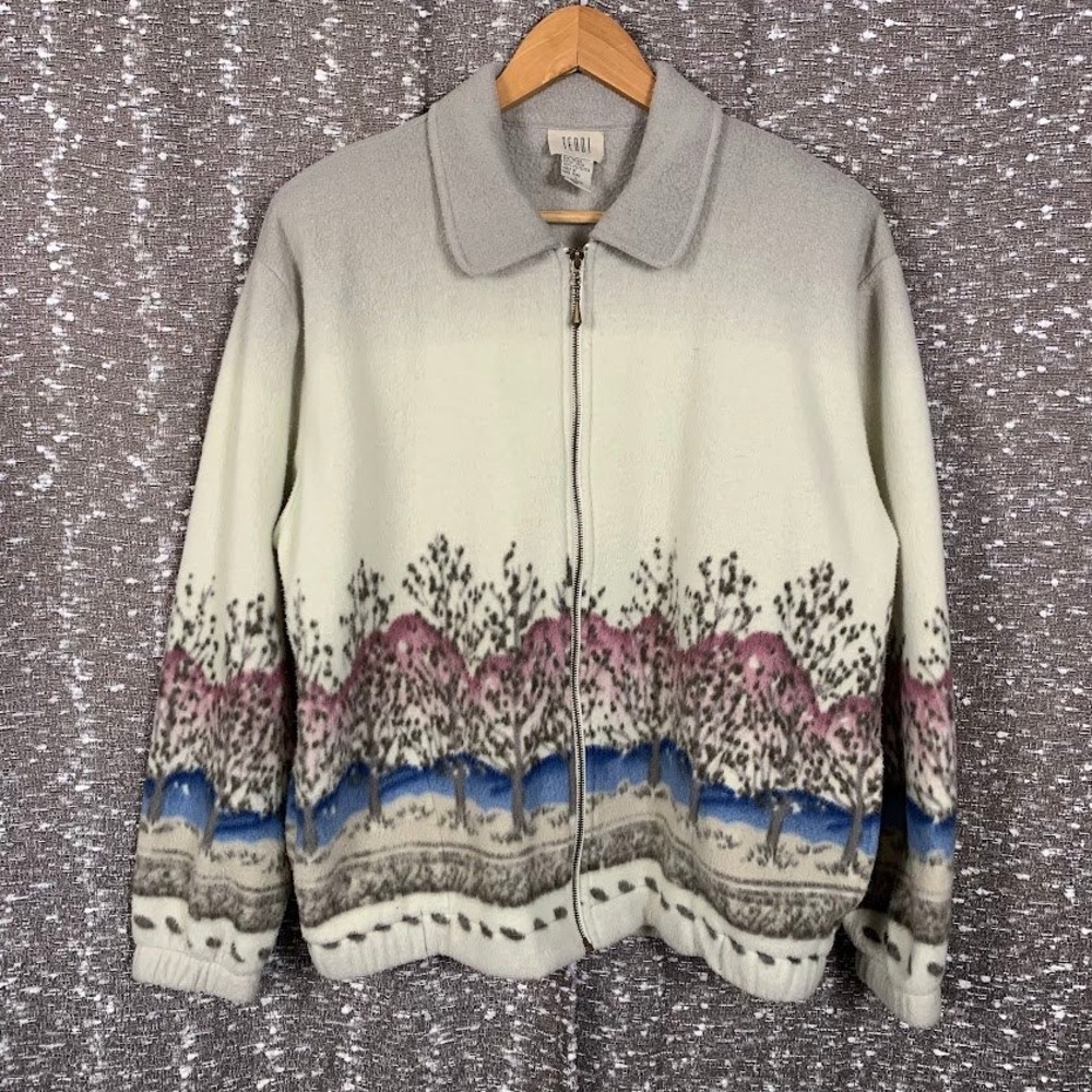 Teddi Fleece Jacket Full Zip Nature Landscape Print Cottagecore Women's Large